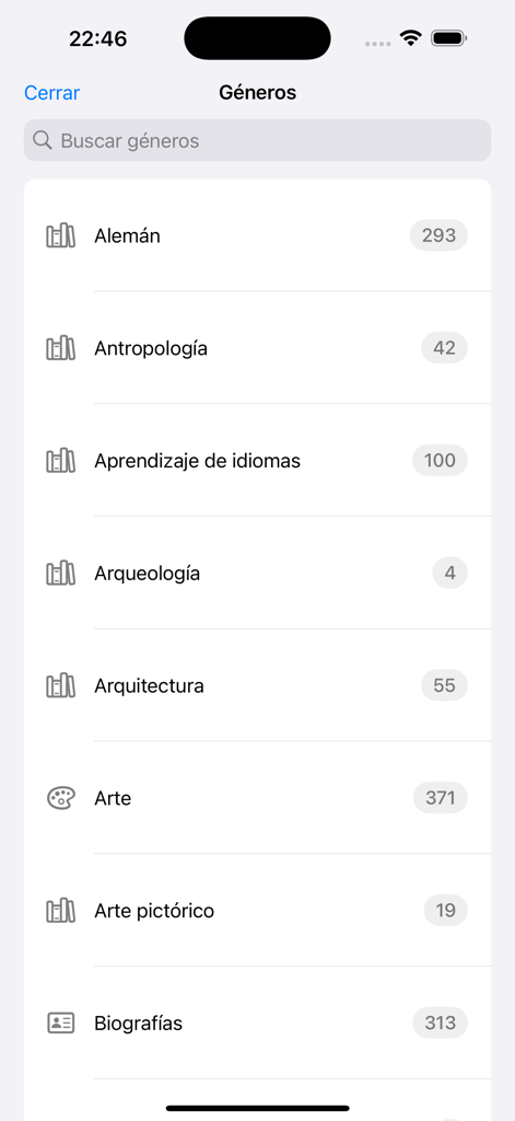 Tremendos Libros - List of book genres in the Tremendos Libros app including anthropology art and biographies