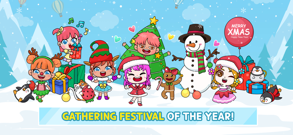 Avatar Life: My World - Personnages chibi mignons dans des costumes festifs de vacances célébrant dans un paysage enneigé avec un bonhomme de neige et des cadeaux.