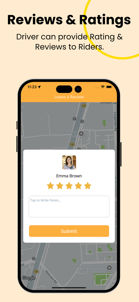 TaxiCube Driver app screen showing the interface for a driver to provide a 5-star rating and review for a rider named Emma Brown.