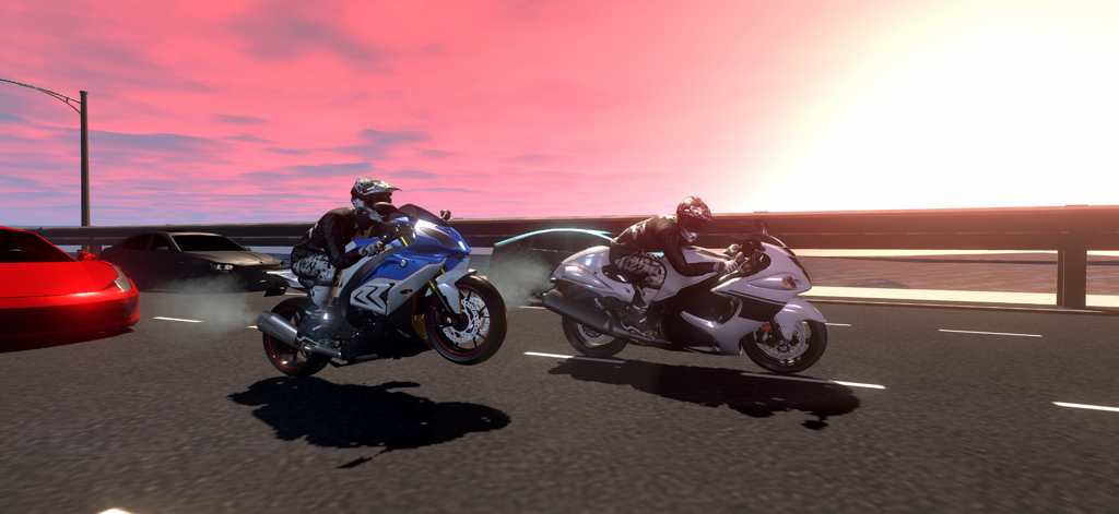 Motorcycle Sim: Multi - Dos motos compitiendo en una autopista al atardecer con un piloto haciendo un caballito.