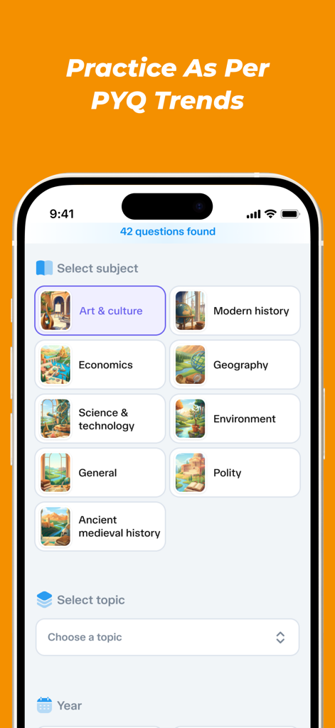 PrepAiro: UPSC CSE Prep 2026 - PrepAiro app interface showing various UPSC subjects like Art and Culture and Modern History for practicing previous year questions