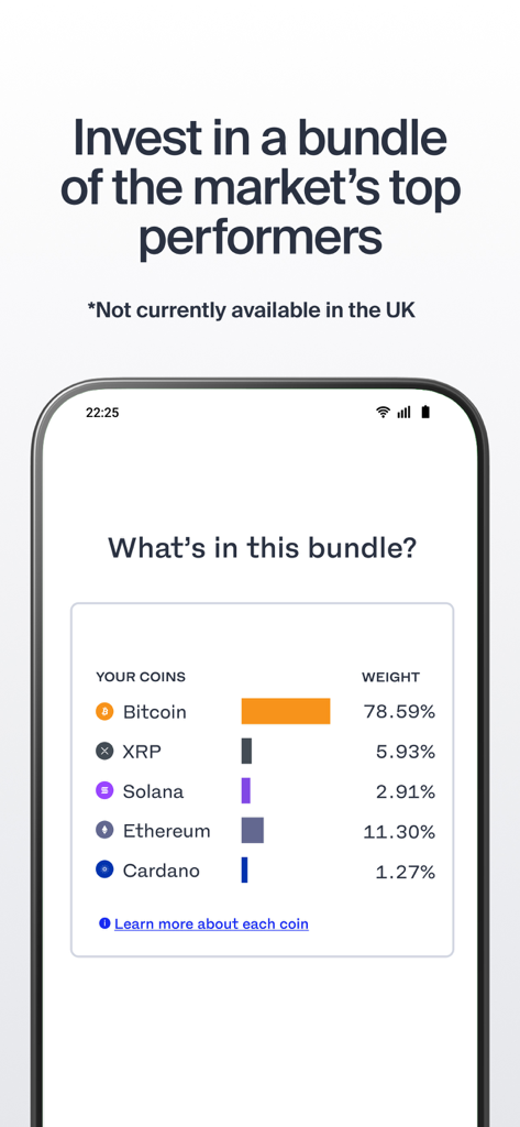 Luno App-Oberfläche, die ein Kryptowährungs-Bundle mit Bitcoin, Ethereum und Solana mit prozentualen Gewichten anzeigt