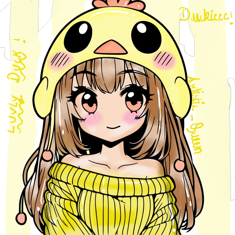 anime girl with chick shaped hat with sweater with bare shoulders with bangs covering them one eye with low tail