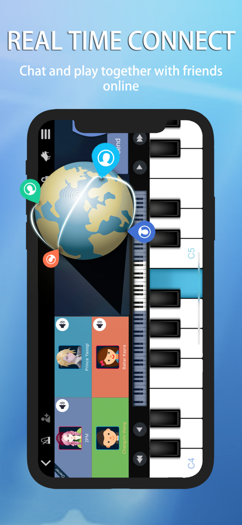 Perfect Piano app showing the real time connect feature to chat and play with friends online