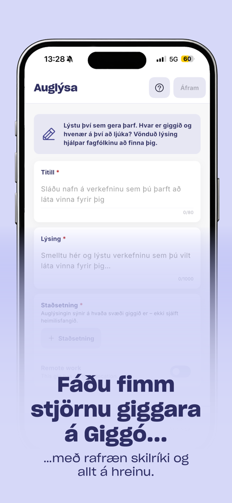 Giggó - Interface of the Giggo mobile app showing the form to post a new job with fields for title description and location