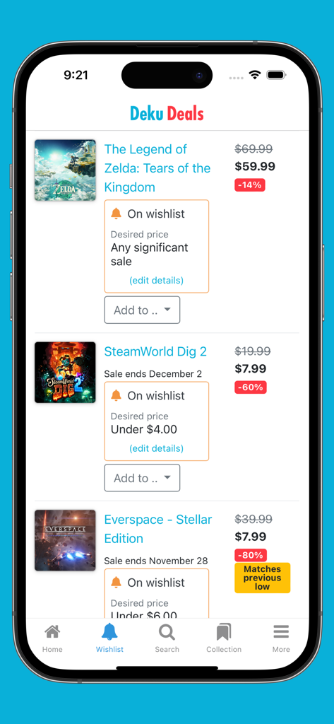 Interfaz de lista de deseos de Deku Deals mostrando bajadas de precios de videojuegos y alertas de precios personalizadas