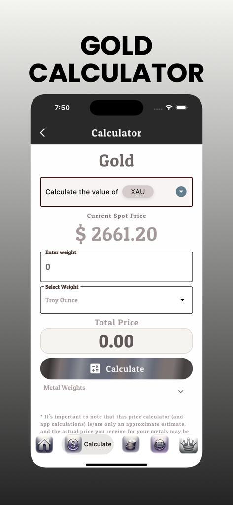 Gold Calculator ￮ - Gold calculator app interface displaying the current spot price for gold in troy ounces