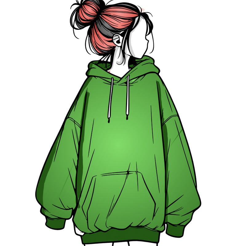 realistic girl with a oversized sweatshirt on and a bun