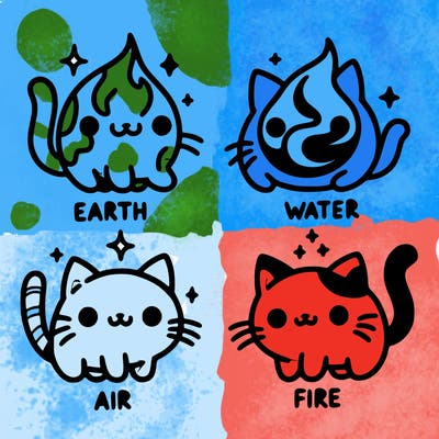 4 cats that represent the different elements, earth, water, air, and fire