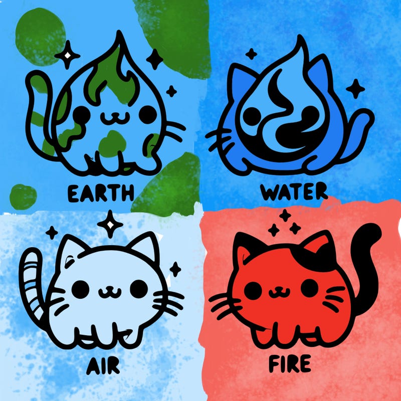 4 cats that represent the different elements, earth, water, air, and fire