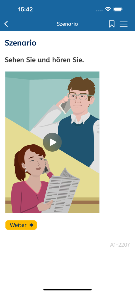 Screenshot eines Videoszenarios in der A1-Deutsch-App mit Charakteren in einem Gespräch.