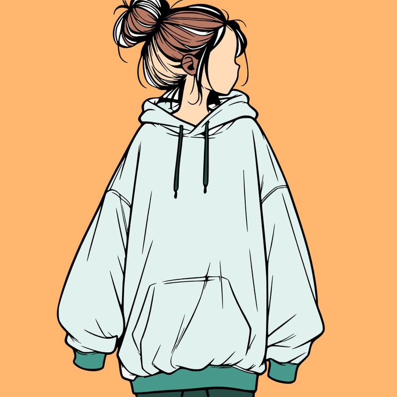 realistic girl with a oversized sweatshirt on and a bun