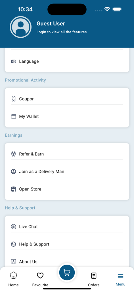 Aly Express mobile app menu screen displaying guest user profile and account options like wallet coupons and delivery driver sign up