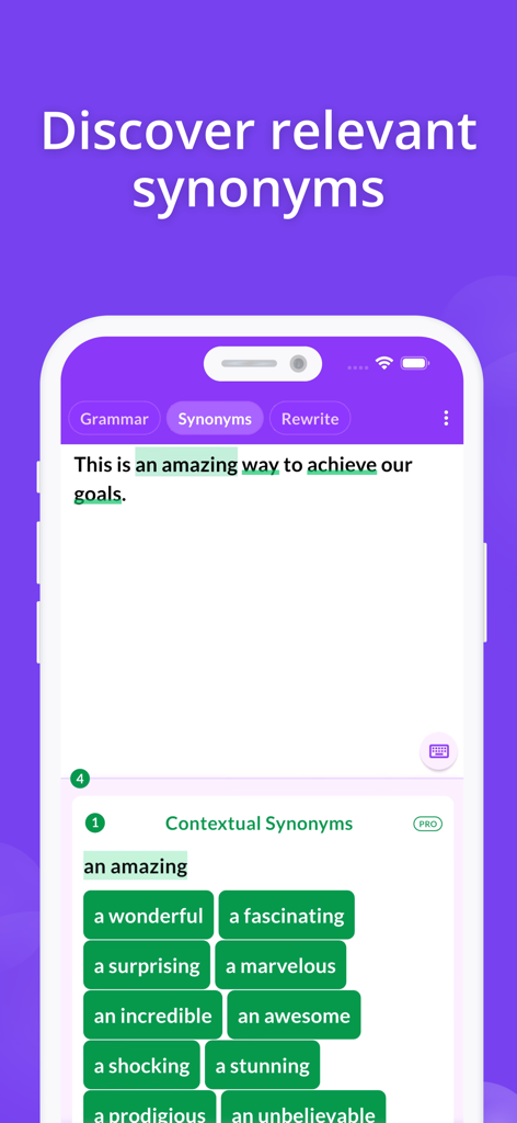 Proofreader: AI Grammar Check - A mobile app interface displaying contextual synonym suggestions to enhance writing vocabulary and tone.