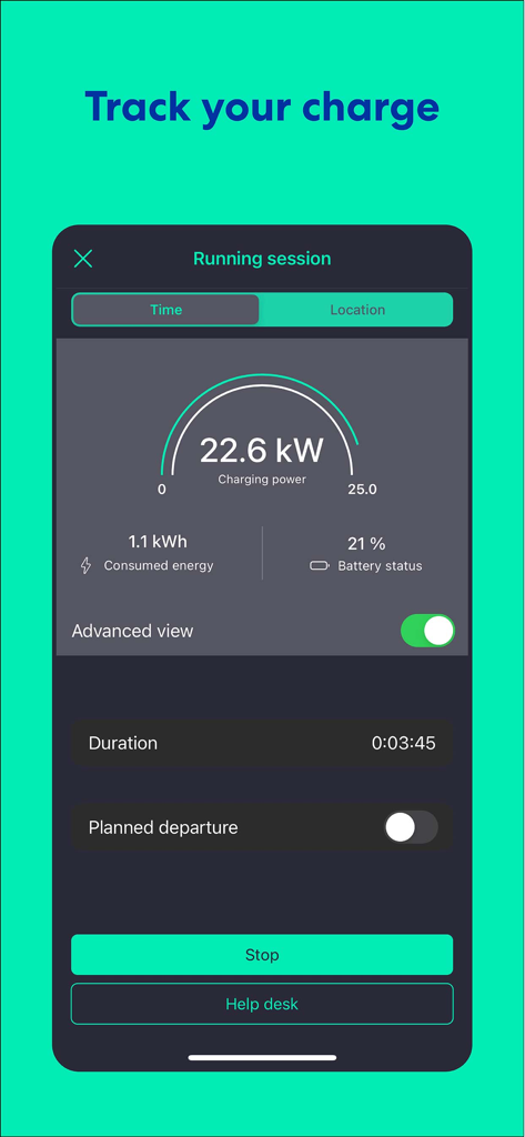 Zero Charging - Dashboard of the Zero Charging app showing a live EV charging session with power and battery levels