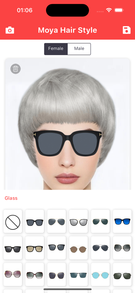 Hairstyle Try On - Hair Filter - Función de prueba virtual de gafas en la aplicación Moya Hair Style con un peinado corto gris.