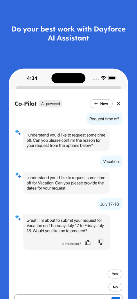 Interface de l'assistant IA Co-Pilot de l'application mobile Dayforce pour demander des congés par chat.
