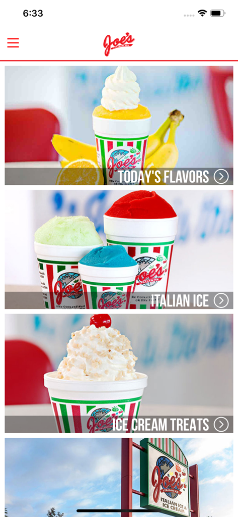 Joe's Ice - The home screen of the Joes Ice app showing categories for daily flavors, Italian ice, and ice cream treats.