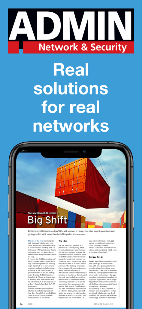ADMIN Magazine - Smartphone showing an OpenShift technical article in the ADMIN Magazine app.