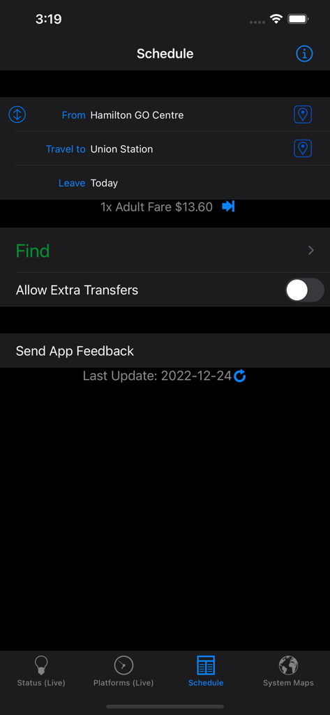 GOToronto app schedule screen showing trip planner from Hamilton to Union Station