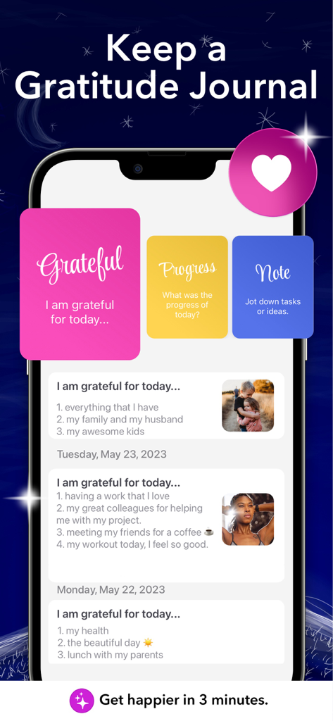 A smartphone interface showing a gratitude journal with daily entries for family, career, and health with associated photos.