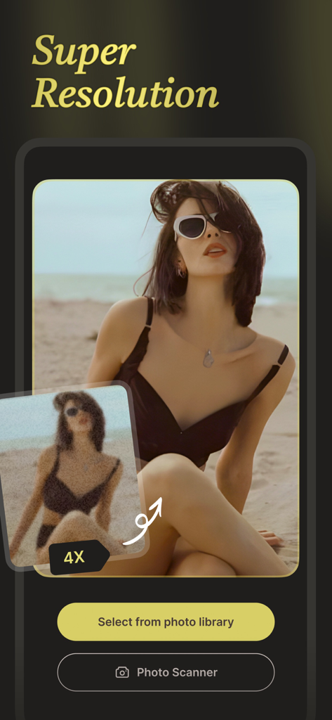 Unblur: Photo Quality Enhancer - A screenshot of the Unblur app showing a comparison of a low resolution photo being enhanced to super resolution with a four times quality increase