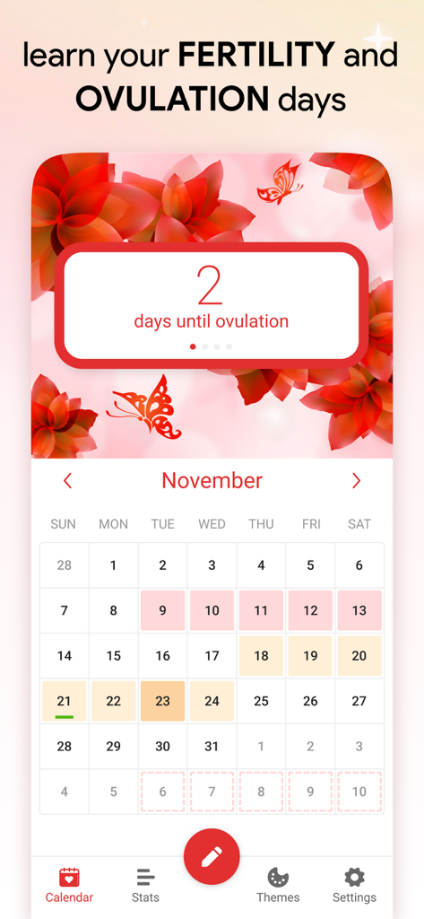 Cycle Tracker: Period Calendar - Cycle Tracker app screen showing ovulation countdown and monthly fertility calendar.