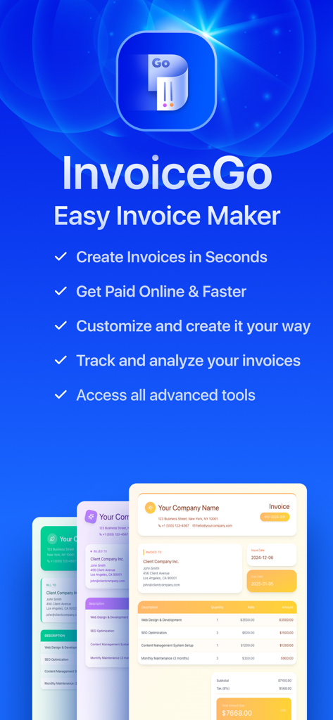 Pantalla de la aplicación InvoiceGo que muestra características clave como la creación rápida de facturas y pagos en línea con plantillas de facturas profesionales