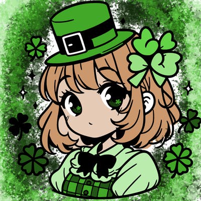 a manga-style girl with clovers around her, a little hat in her hair, like it's saint patrick's day