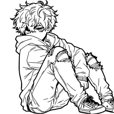 a male hoddie ripped jeans messy hair anime