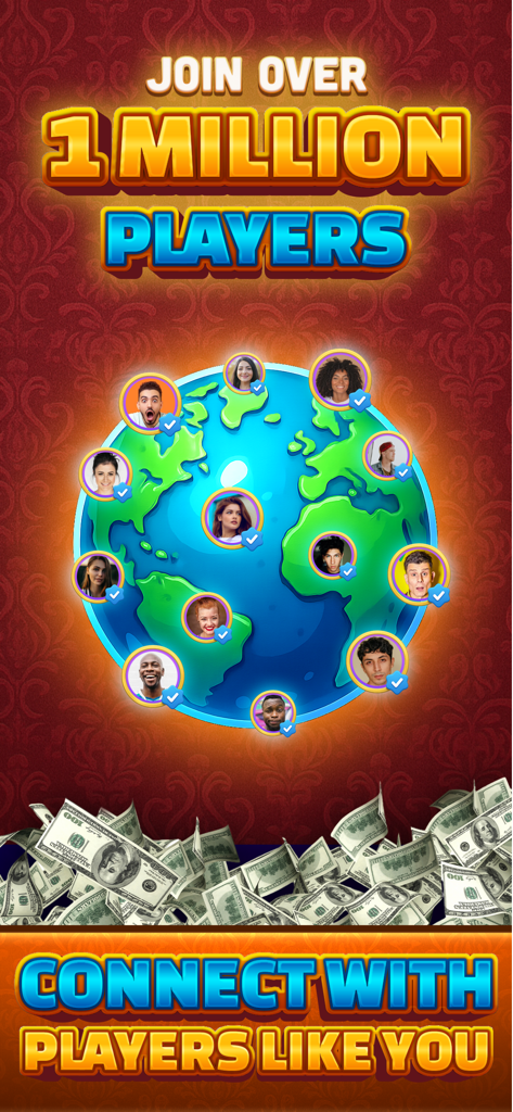 Real Money Roulette & Slots - A promotional screen for Real Money Roulette and Slots showing a globe with user profiles and text stating join over one million players to win cash.