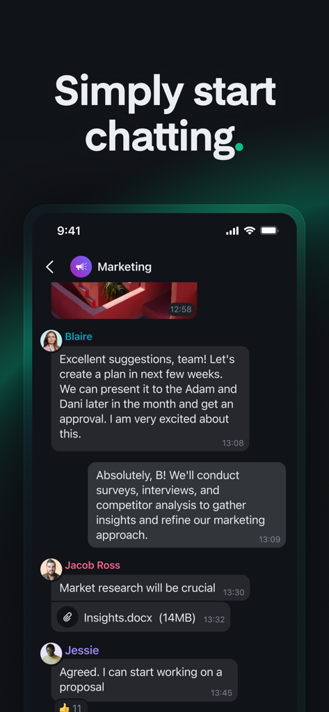 Element Pro for workのセキュアグループチャットインターフェース。メッセージングとファイル共有が表示されています。
