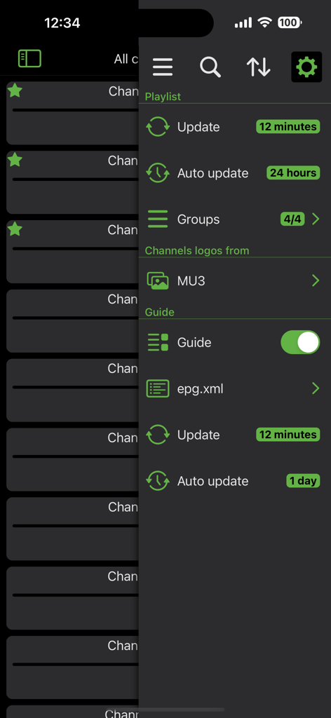 Sidebar menu of Flex IPTV showing playlist update options and electronic program guide settings