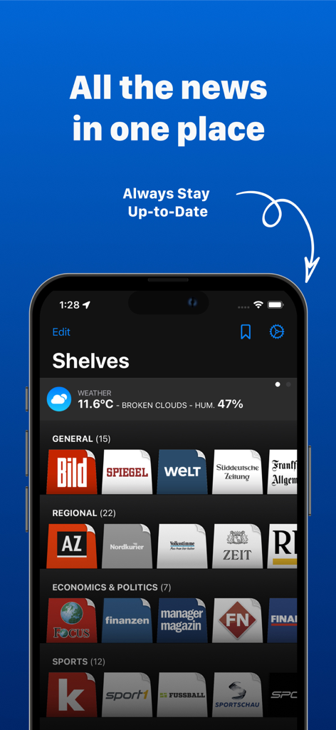 German Newspapers app interface showing a news shelf with logos of major German publications like Bild, Spiegel, and Welt