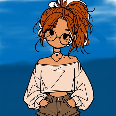 girl with a messy ponytail glasses a baggy crop top and jean shorts