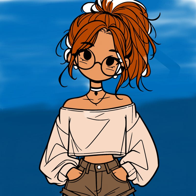girl with a messy ponytail glasses a baggy crop top and jean shorts
