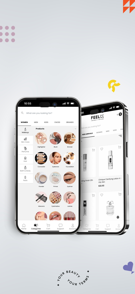 Interfaccia dell'app di shopping di bellezza Feel22 che mostra categorie di trucco e nuovi arrivi di bellezza su due iPhone