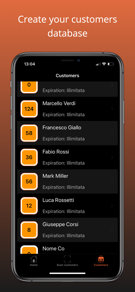 PassFacile-App-Oberfläche, die eine digitale Kundendatenbank für die Verwaltung von Treuekarten anzeigt.