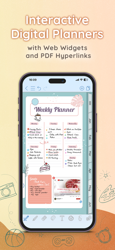 Weekly digital planner interface in CollaNote with handwritten notes and a YouTube web widget
