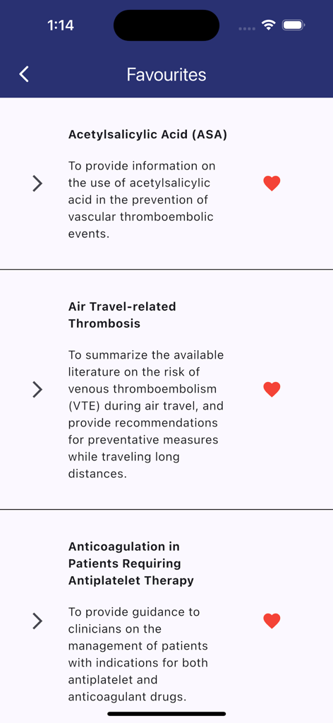 Favoriten-Bereich der Thrombose-App mit Lesezeichen für klinische Leitfäden.