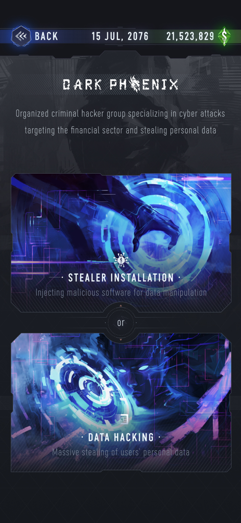 The Artman - Cyberpunk RPG gameplay showing mission choices for the Dark Phoenix hacker group