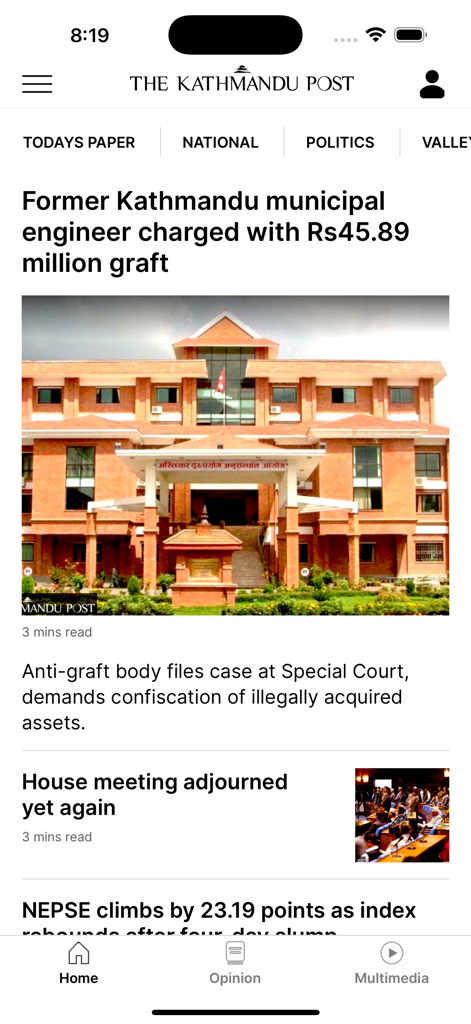 The Kathmandu Post - The Kathmandu Post mobile app home screen featuring latest news headlines and navigation categories.