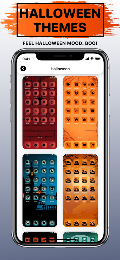 Cuatro diseños diferentes de pantalla de inicio de móvil con temática de Halloween con iconos y fondos de pantalla personalizados.
