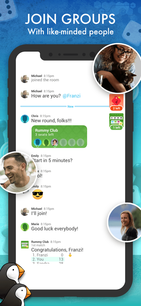 Interface of the elo app showing a group chat room where friends coordinate and play board games together.