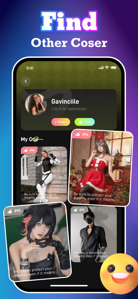 Chos：Adult，Social Chat - Una captura de pantalla de la interfaz de la aplicación Chos que muestra el perfil de un usuario y varias fotos de personas en cosplay.