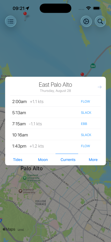 Screenshot of My Tide Times app showing tidal current flow and ebb data for East Palo Alto on a map interface.