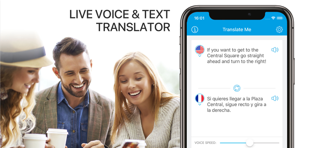 Translate Me - Live Translator - iPhone screen displaying Translate Me app with live voice and text translation between English and Spanish