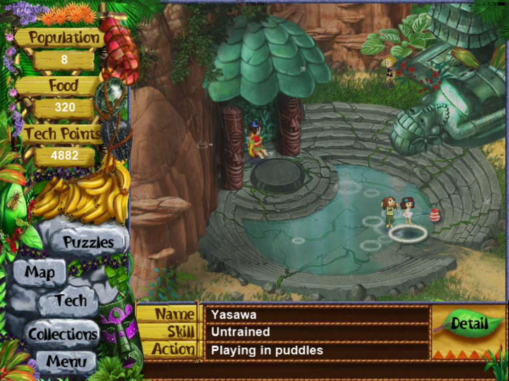 Gameplay screenshot of Virtual Villagers 3 Lite showing villagers in the rain near a stone pool