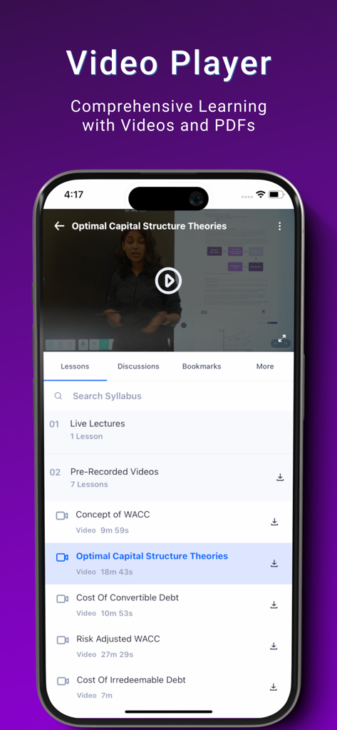 Zell Education app interface showing a video lecture and list of finance lessons