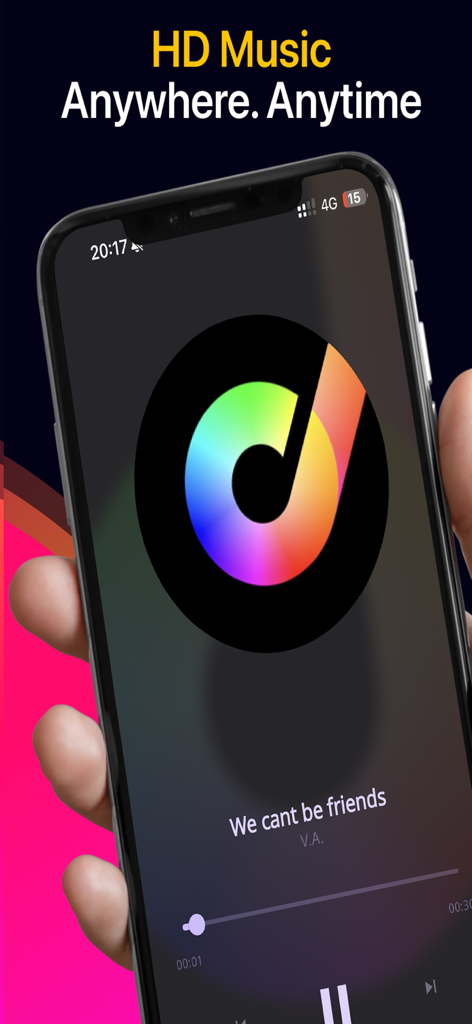 HD 음악 플레이어 인터페이스가 표시된 아이폰을 들고 있는 사람, 언제 어디서나 HD 음악 재생.